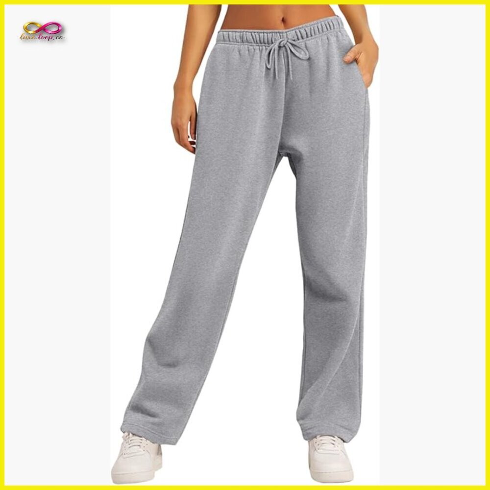 Fleece Lined Wide Leg Sweatpants High Rise Straight Leg Lounge Pants with